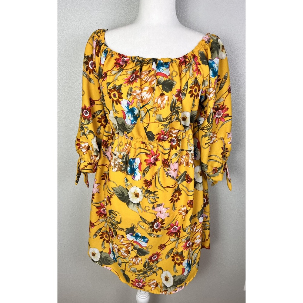 Blush bell sleeve off shoulder blue w yellow floral peasant blouse top large Med